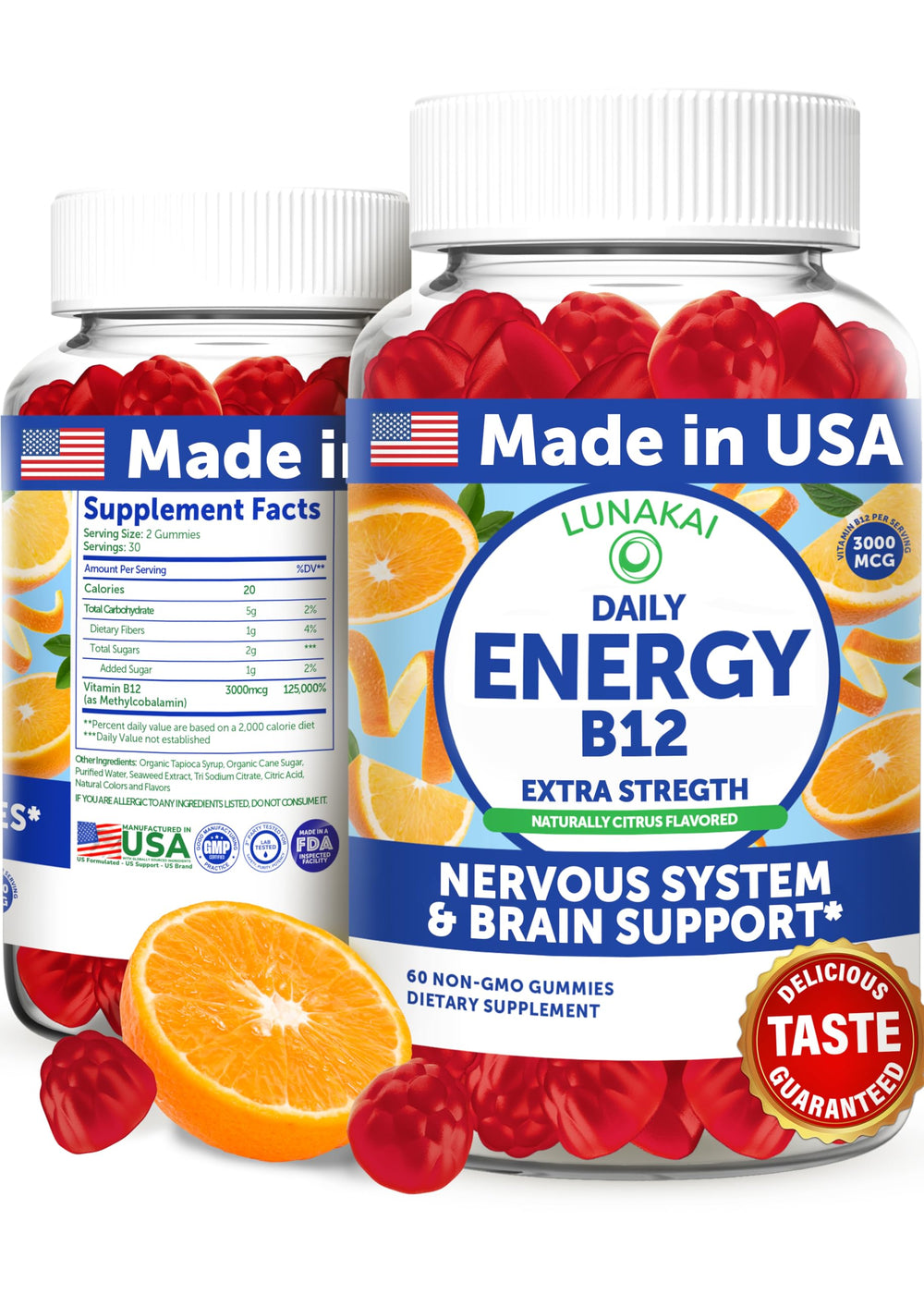 Lunakai Energy Gummies box and bottle — USA made vegan B12 energy supplement