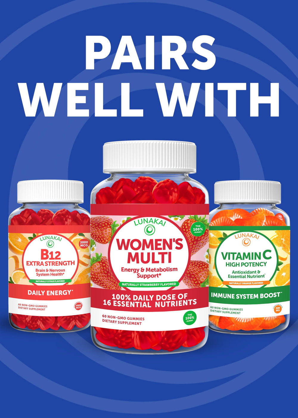 Lunakai Energy Gummies featured with bold B12 labeling