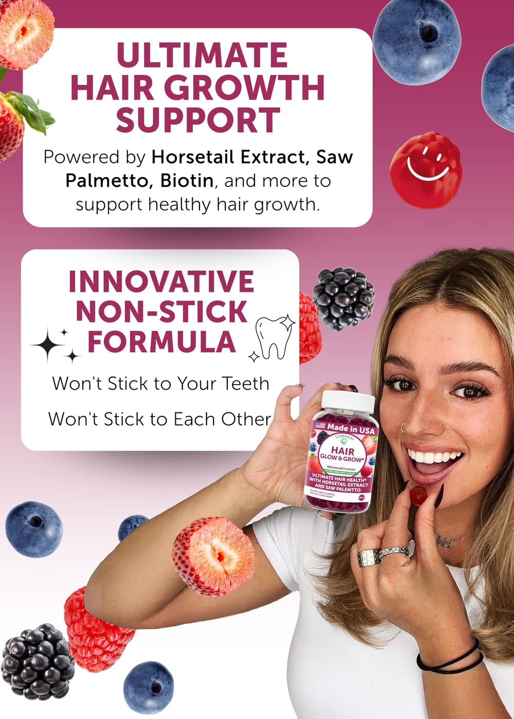 Close-up of Lunakai gummies ingredients including Biotin
