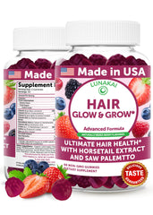 Lunakai hair gummies bottle featuring Biotin, Zinc, Horsetail and Saw Palmetto ingredients