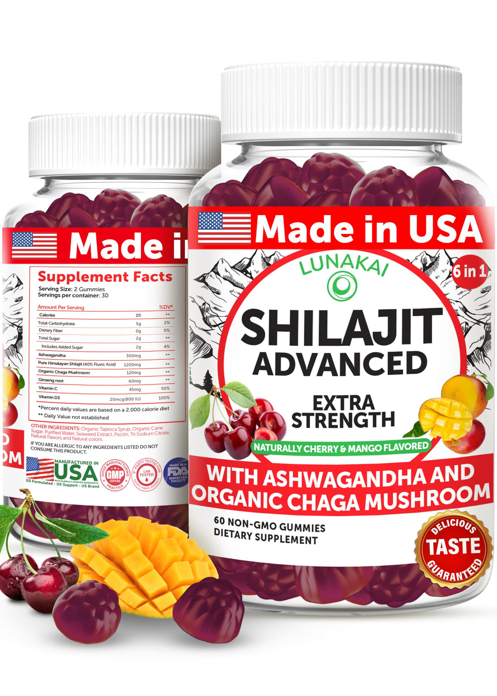 Lunakai Shilajit Gummies 1200mg with Ashwagandha and Chaga – 60 count bottle