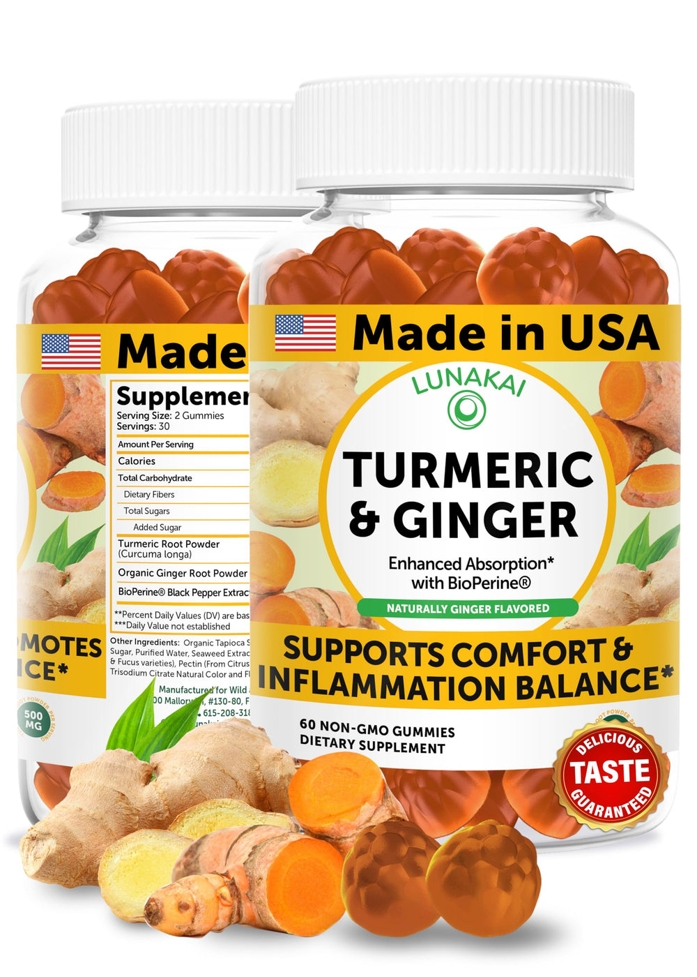 Front view of Lunakai USA-made Turmeric Gummies with Ginger & BioPerine (60 count)