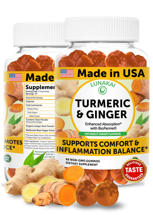 Front view of Lunakai USA-made Turmeric Gummies with Ginger & BioPerine (60 count)