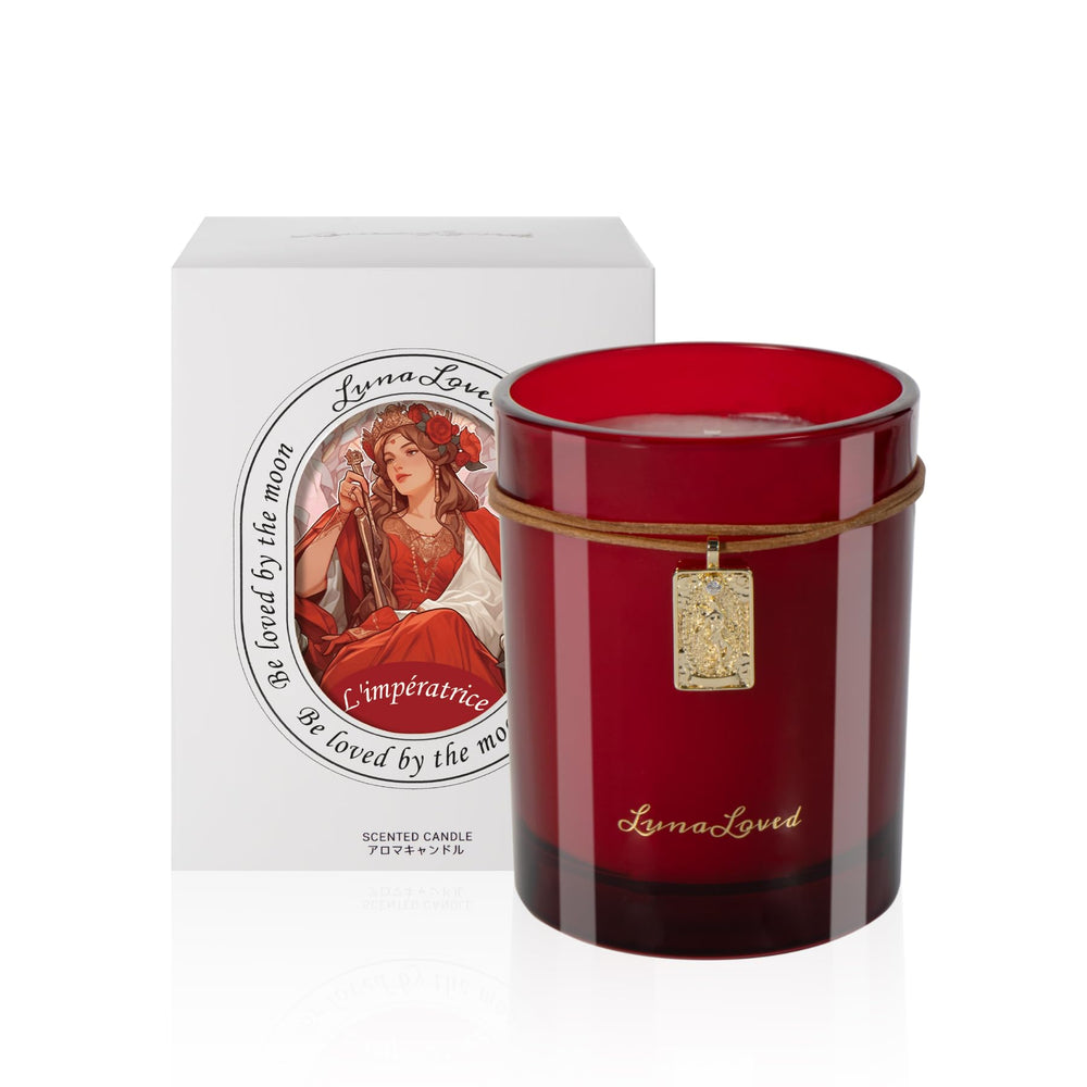 LunaLoved Empress Rose Oud candle jar with red glass for elegant mood lighting.