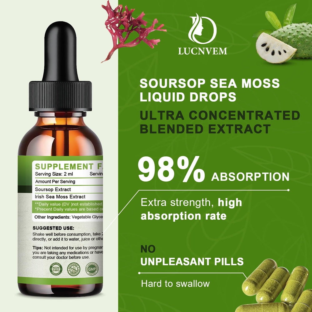 Ingredient panel highlighting soursop and Irish sea moss
