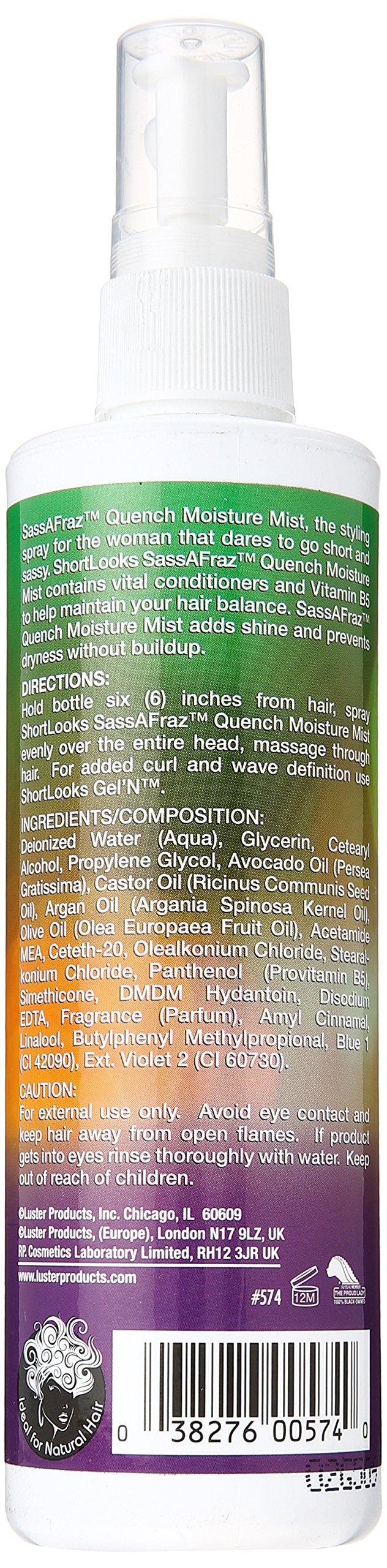 Luster's ShortLooks SassAFraz Quench Moisture Mist spray disperses evenly for refreshed curls.