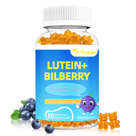 Bottle of 20mg lutein and zeaxanthin gummies with bilberry and omega-3 for eye health