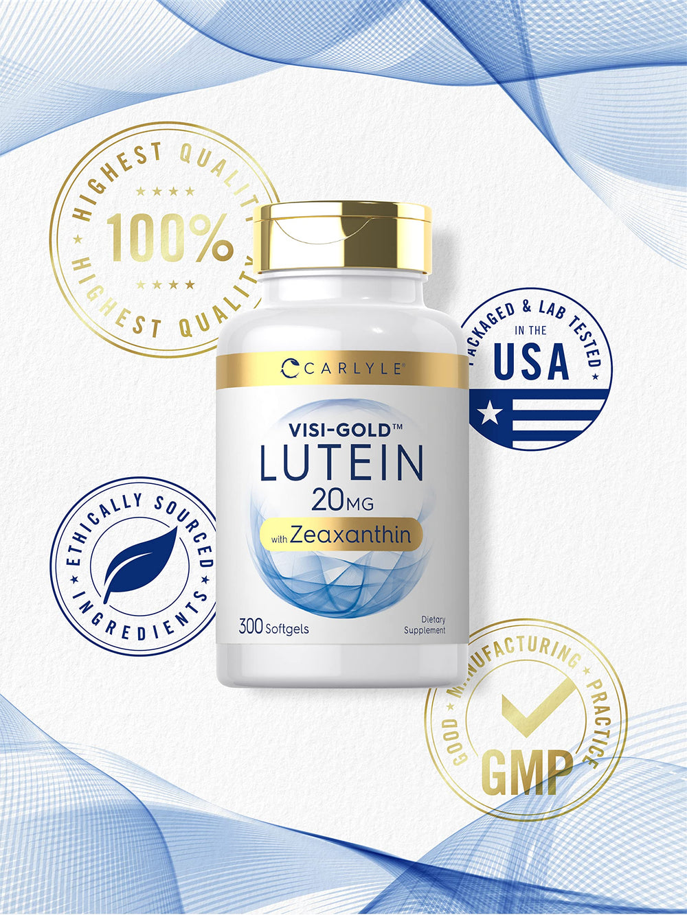 Close-up of softgel capsules containing Lutein and Zeaxanthin