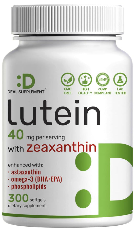 Bottle of lutein and zeaxanthin supplements with 300 softgels