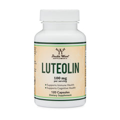 Luteolin bottle placed on wooden surface for lifestyle shot