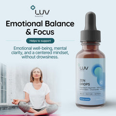 LUV Zen Drops glass tincture bottle on calming blue background