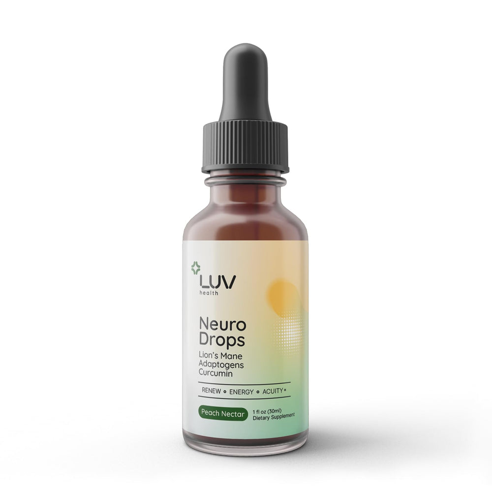 LUV health Neuro Drops bottle with organic adaptogens label