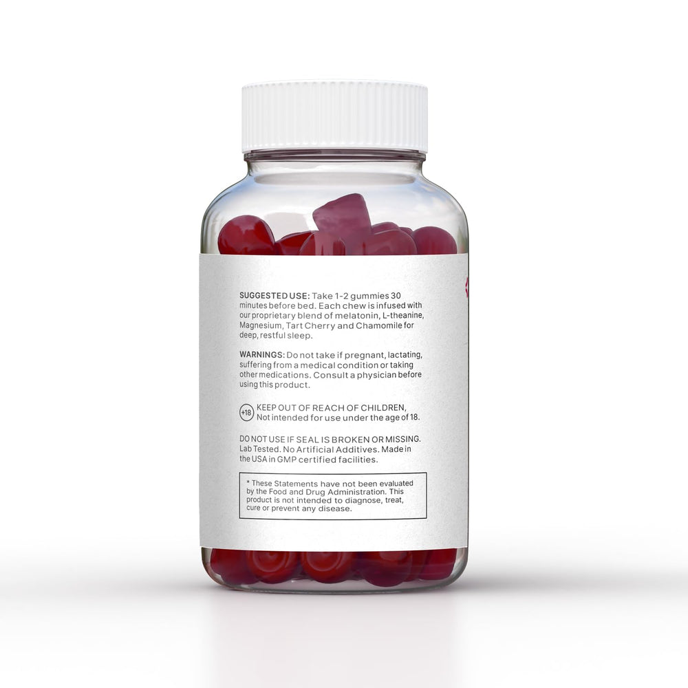 Graphic highlighting natural ingredients: magnesium, L-Theanine, chamomile, tart cherry, melatonin