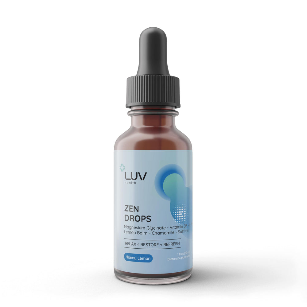 LUV Zen Drops bottle on white background