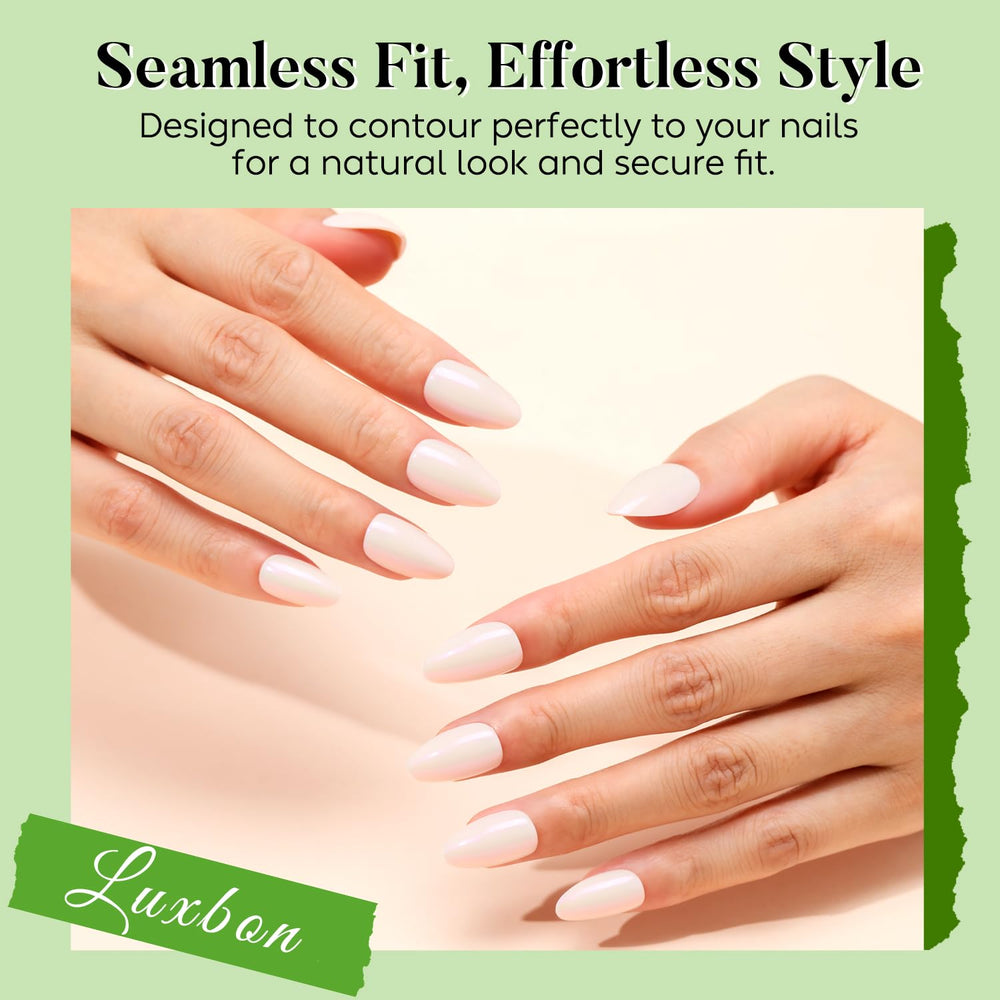 Luxbon Soft gel tips delivering durable, comfortable wear on almond nails.