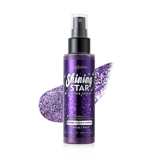 Luxfume body glitter spray bottle delivers bright skin and hair shine.