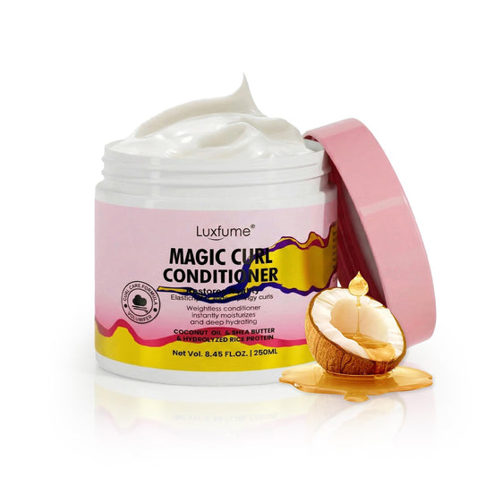 Luxfume Magic Curl Conditioner bottle highlights a hydrating formula for defined, touchable curls.