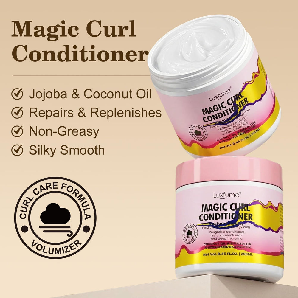 Luxfume Magic Curl Conditioner ingredients highlight coconut oil and rice protein benefits.