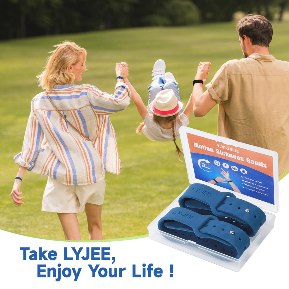 LYJEE Motion Sickness Bands in dark blue worn for everyday nausea support