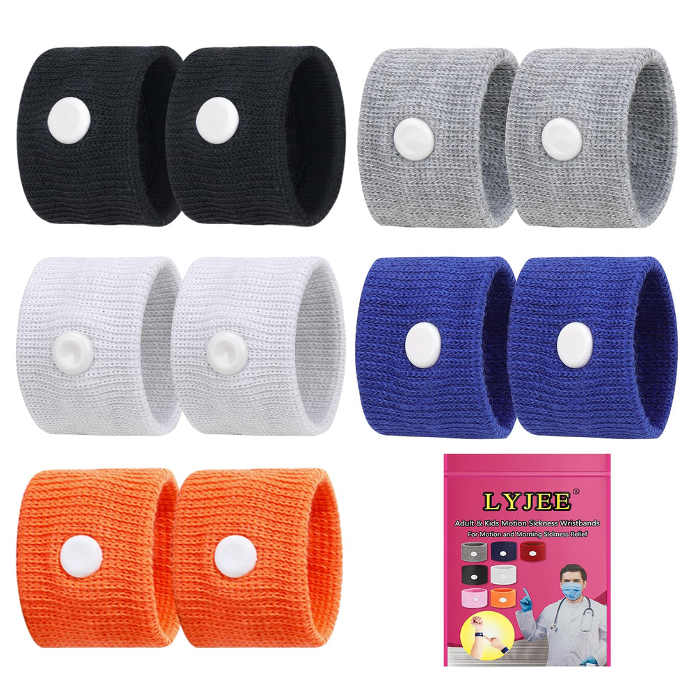 LYJEE motion sickness bands worn on the wrist for travel nausea relief.