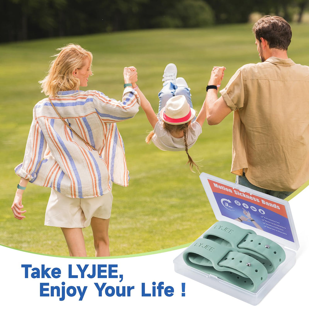 LYJEE motion sickness bands in green for stylish, visible wear.