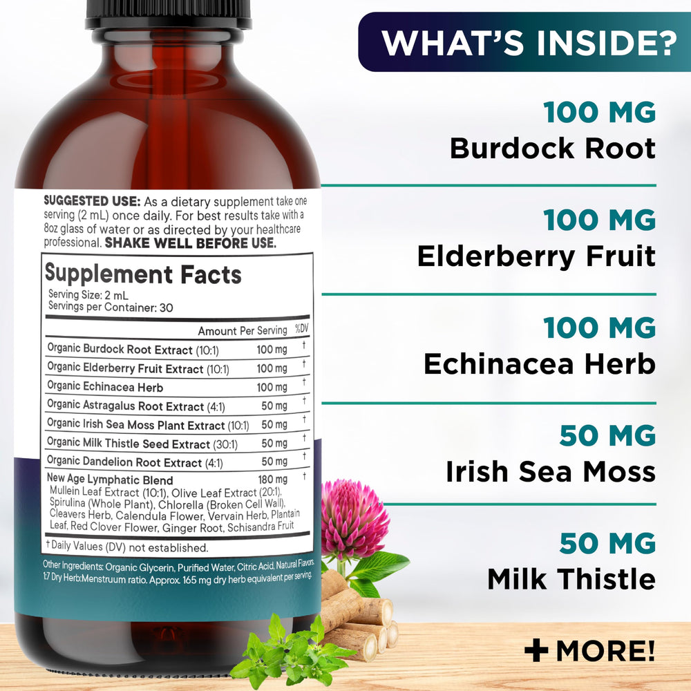 Ingredients include elderberry, burdock root, calendula, cleavers herb