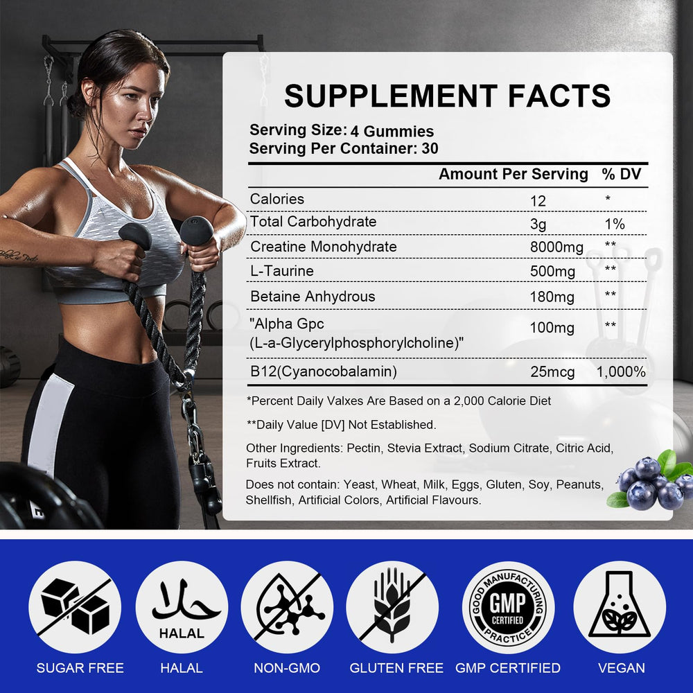 Front view of Lysimi Creatine Monohydrate Gummies bottle with Blueberry flavor