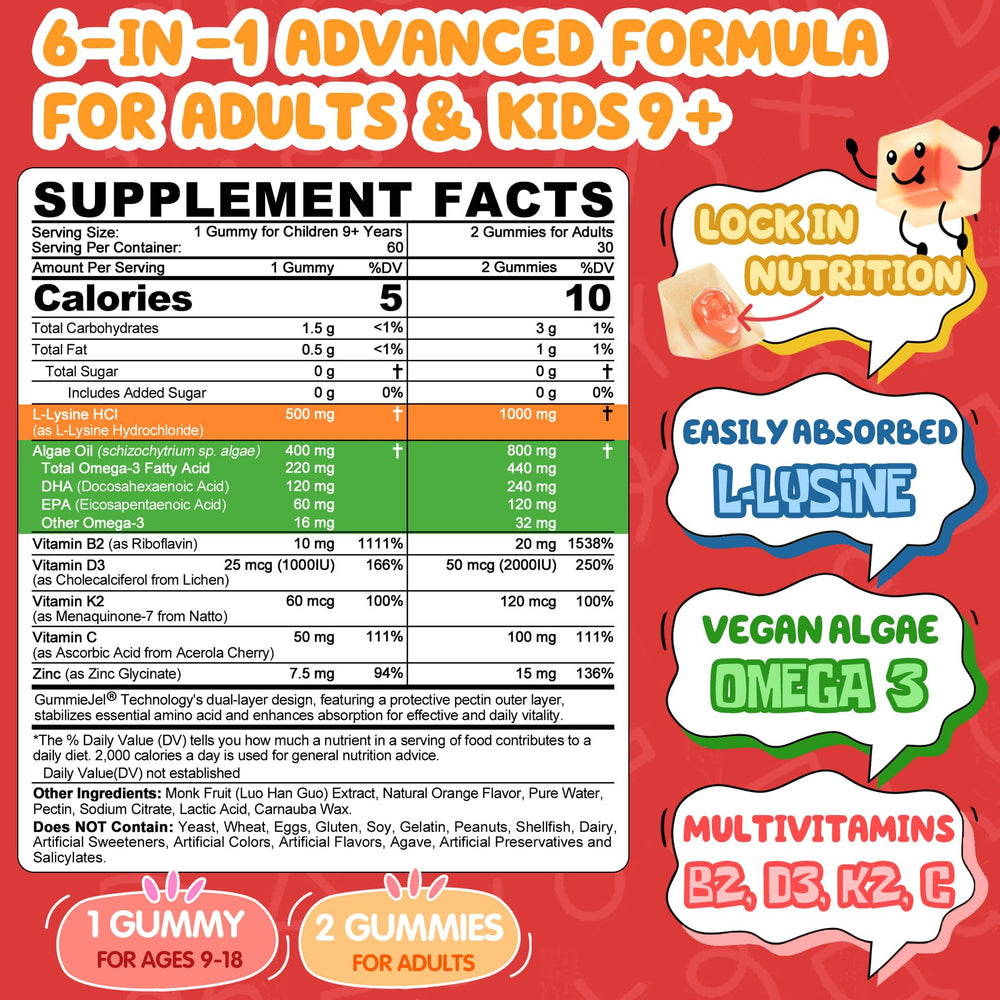 L-Lysine Gummies with algae omega-3 DHA and EPA