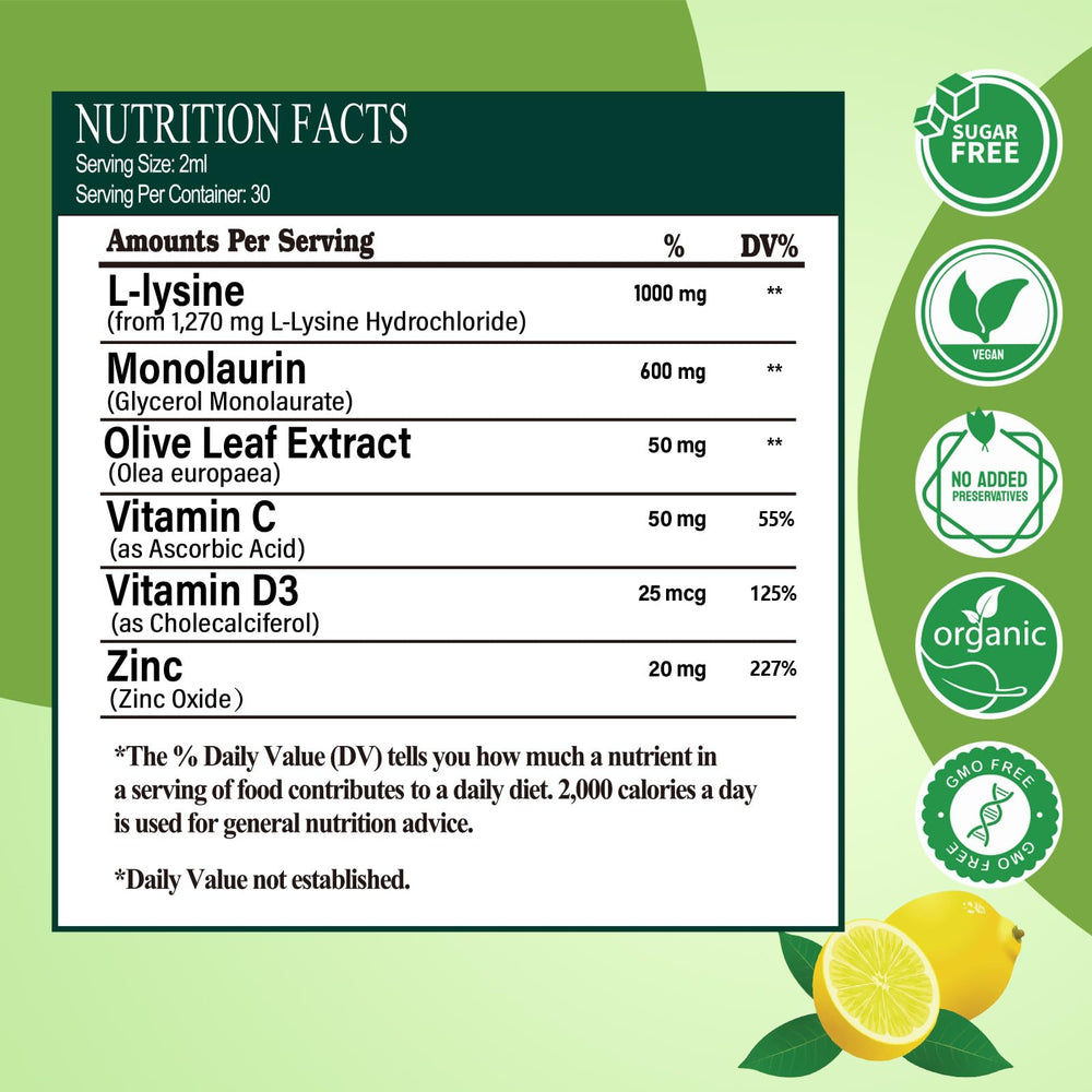 Liposomal lemon-flavor lysine liquid drops close-up