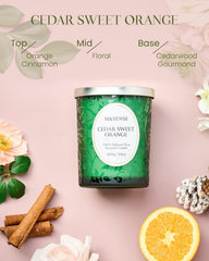 M&SENSE Cedarwood Orange Candle fragrance closeup highlights natural essential oils for authentic scent.