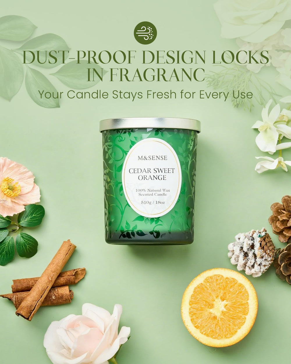 M&SENSE Cedarwood Orange Candle matte jar signals elegant, gift-ready packaging.