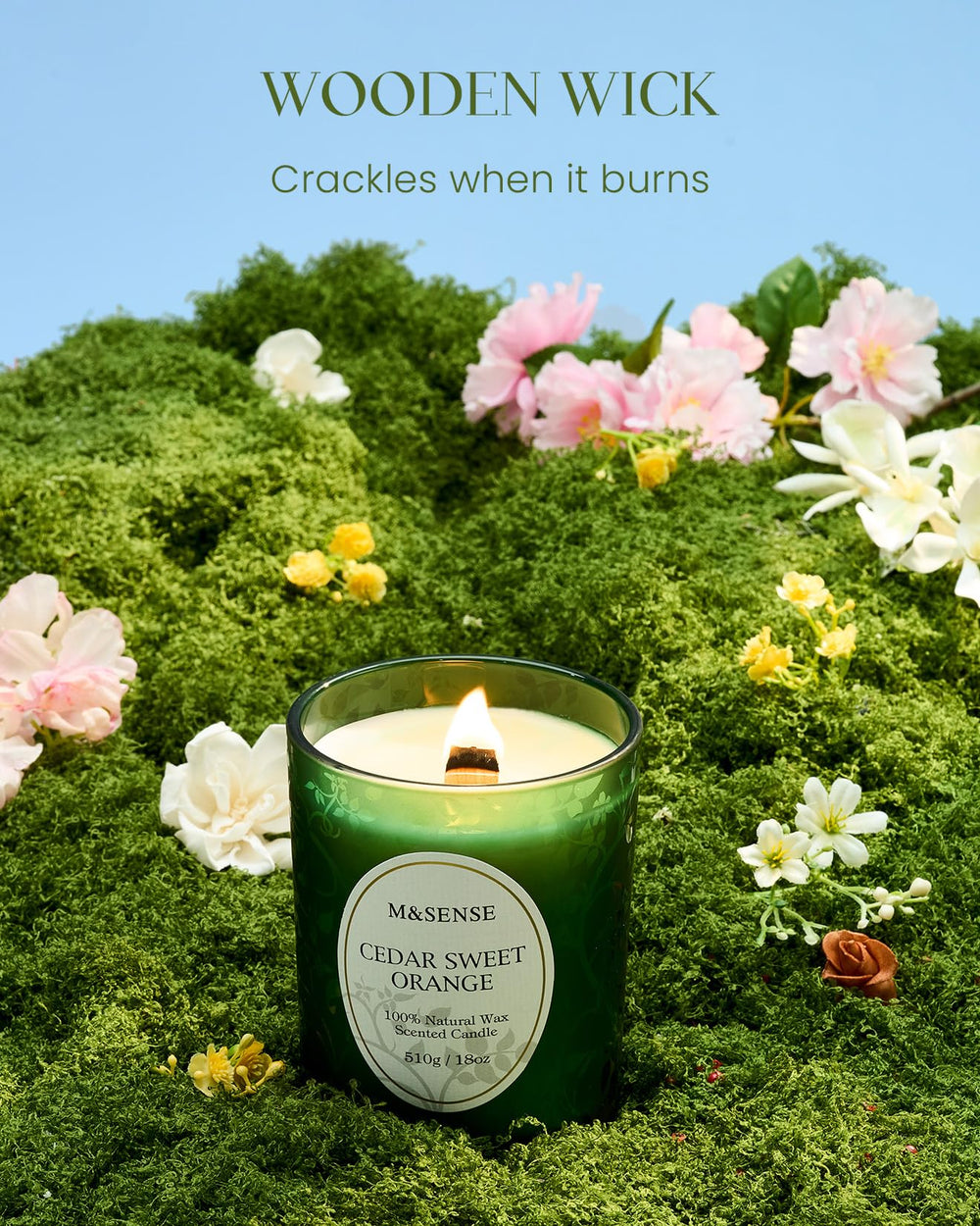 M&SENSE Cedarwood Orange Candle crackling wooden wick offers fireplace-like relaxation.