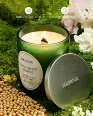 M&SENSE Cedarwood Orange Candle wood wick closeup emphasizes soothing crackle.