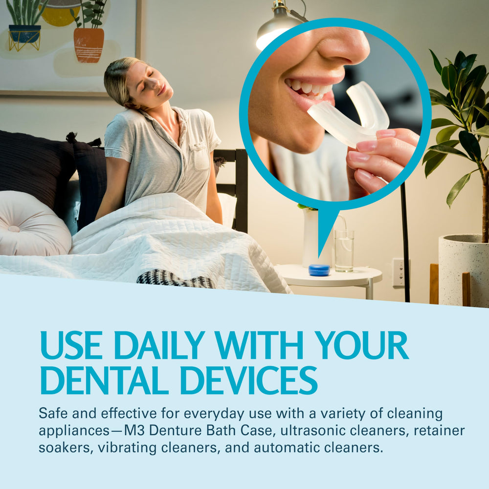 Denture cup soaking with M3 Naturals cleansing tablets