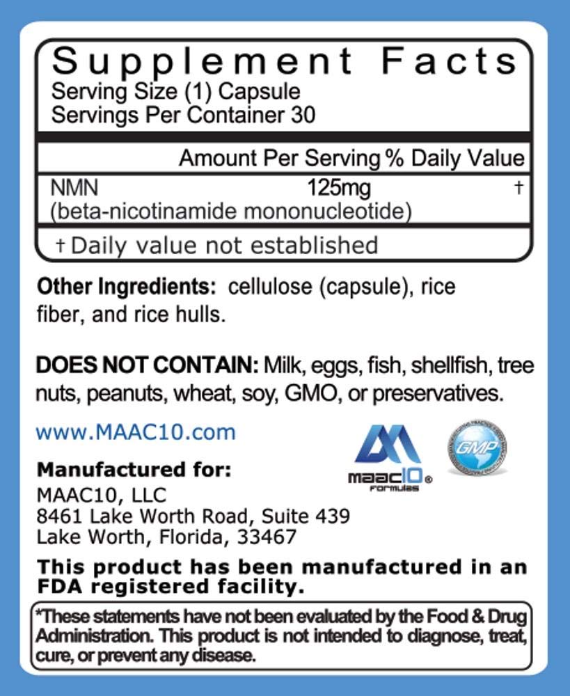 Supplement facts panel for MAAC10 NMN