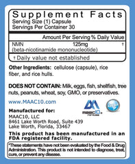 Supplement facts panel for MAAC10 NMN