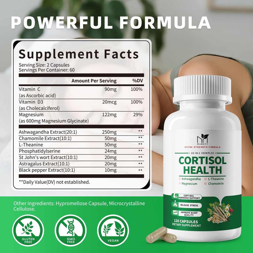 Close-up of the MABEFY Cortisol Support label