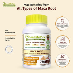 Illustration of Yellow, Red and Black Maca blend for capsules
