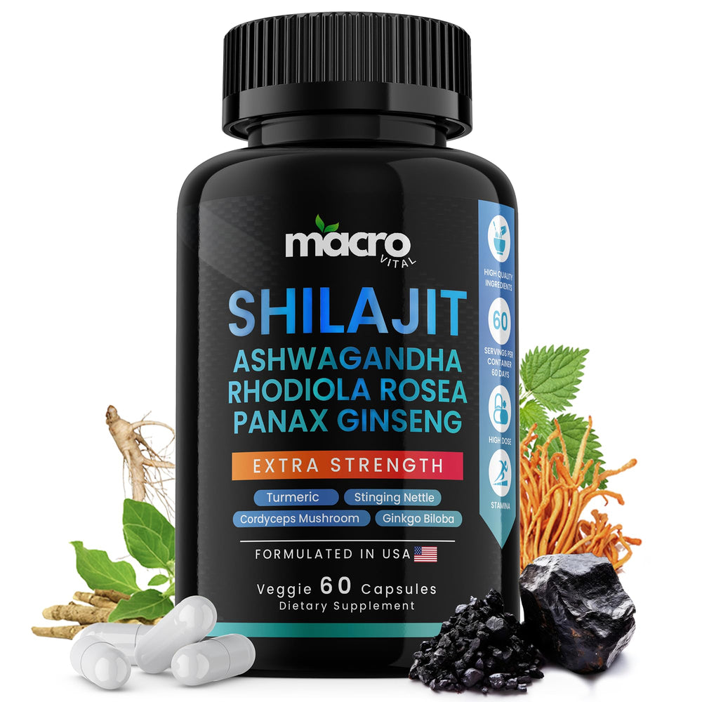 Macro Vital Shilajit 8-in-1 supplement bottle on white background