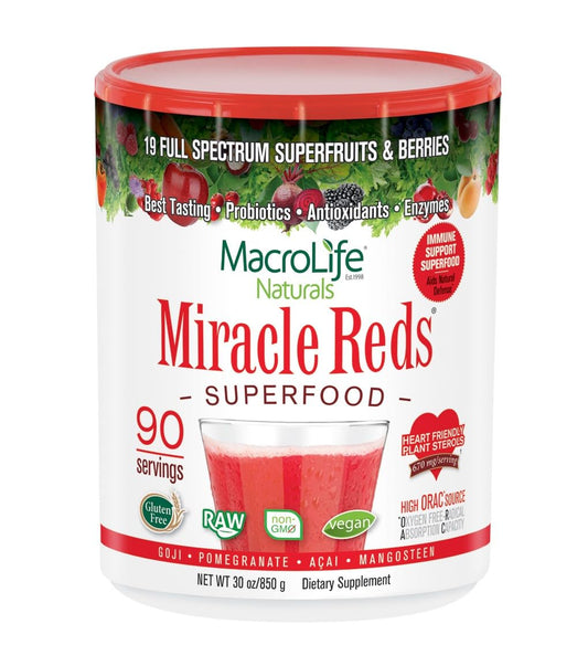 Front label of MacroLife Naturals Miracle Reds 30oz container