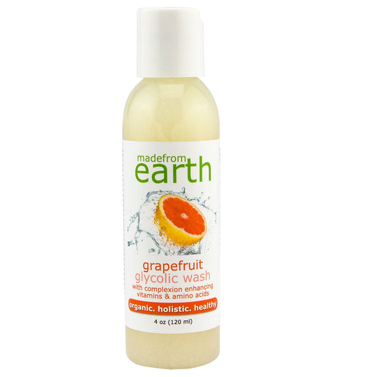 Made from Earth exfoliating glycolic wash bottle front view, ideal for daily cleansing