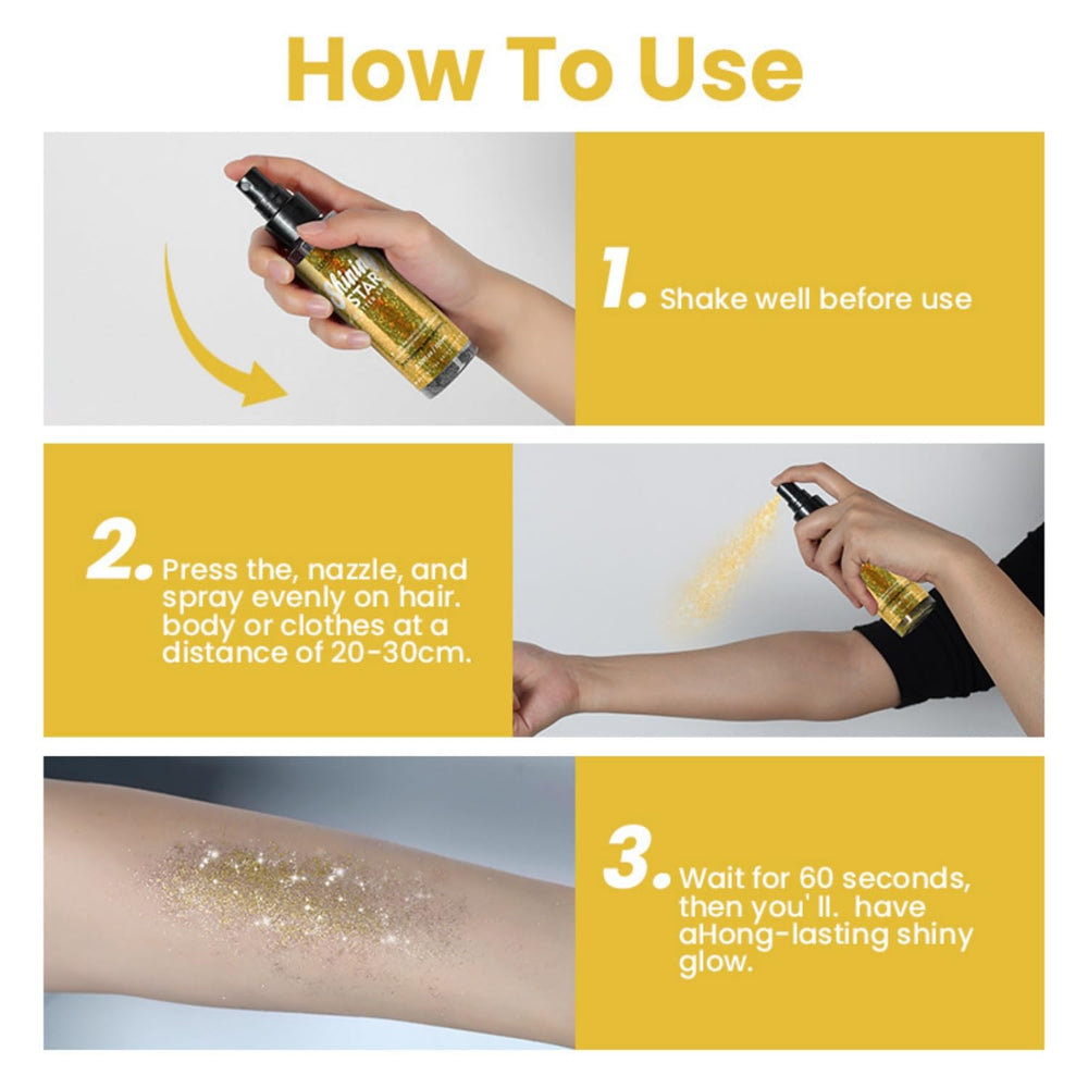 MAEPEOR Glitter spray applied to hair and clothing for party-ready shine.