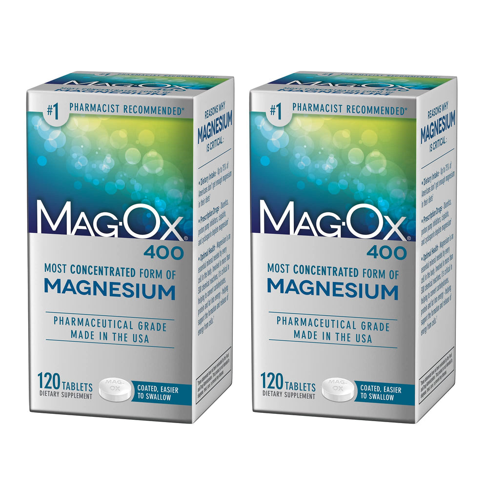 Mag-Ox 400 Magnesium Oxide bottle label showing 482 mg per 2-tablet dose