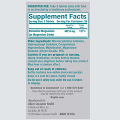 Back view of Mag-Ox bottle detailing dosage and ingredients