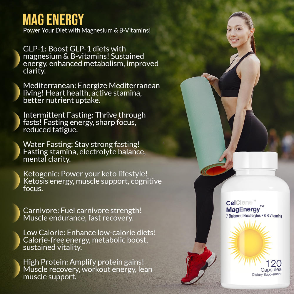 Front view of MagEnergy 7 packaging showing D3/K2, Biotin, and Zinc