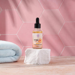 Magic V Steam yoni oil lifestyle shot suggests daily intimate care ritual.