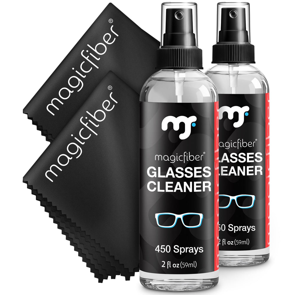 MagicFiber glasses cleaner kit components: two 2 oz lens cleaner sprays and two microfiber cloths