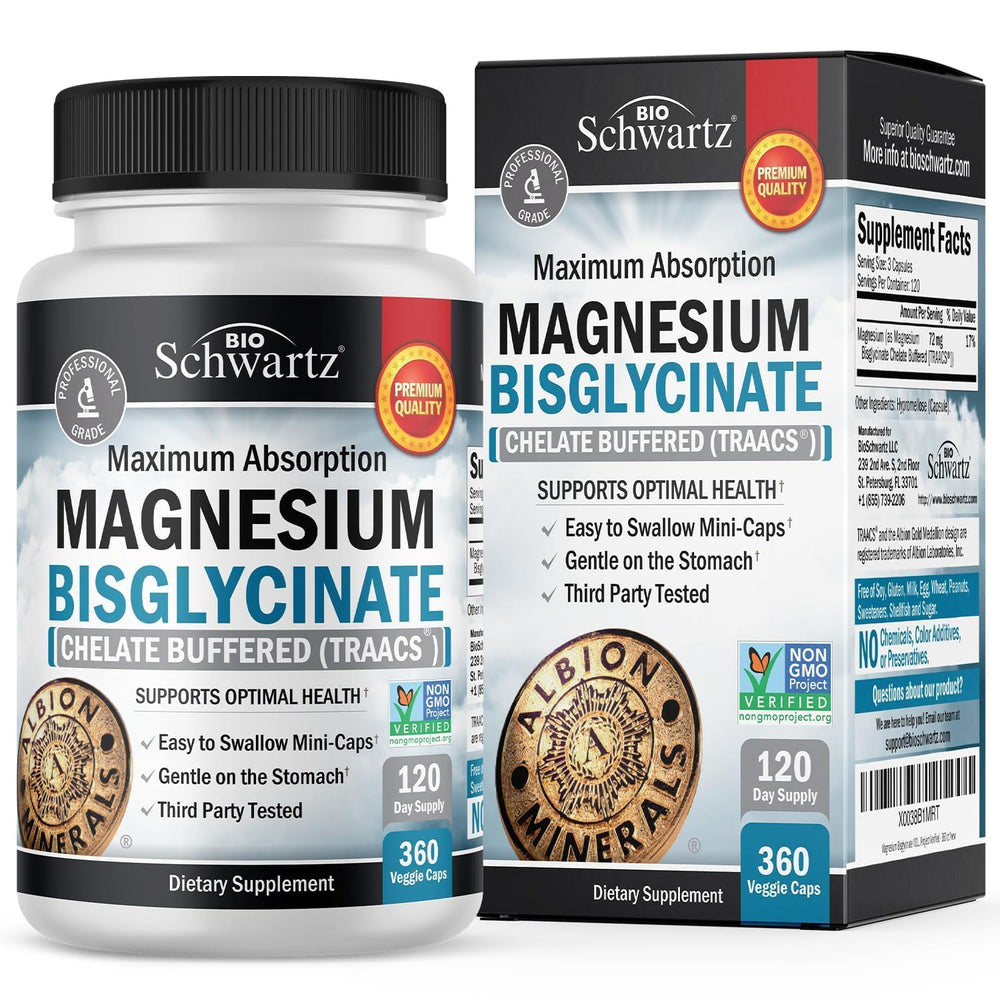 Front view of Magnesium Bisglycinate Chelated supplement bottle with 360 capsules