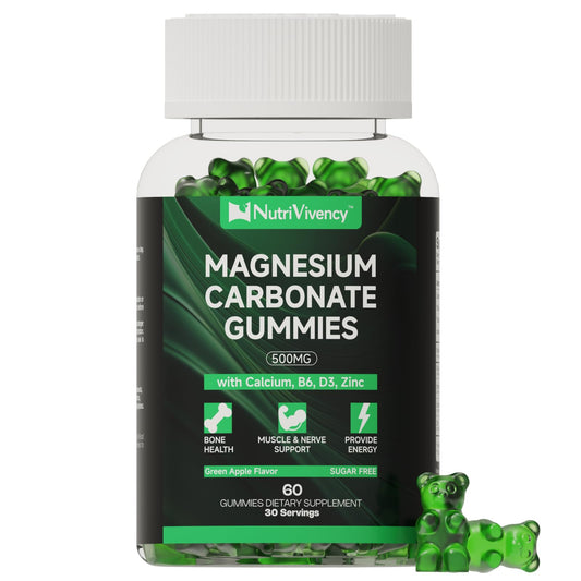 Green apple flavored magnesium carbonate gummies in a bottle