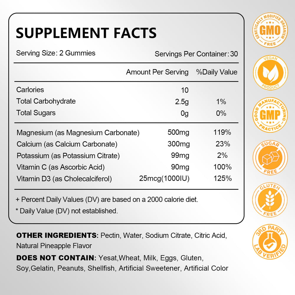 Label on bottle of Magnesium Carbonate Gummies 500mg Pineapple Flavor
